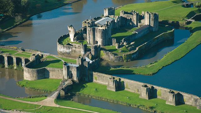 Caerphilly Castle showing semi-circular bastions